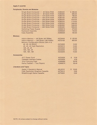 Apple-1 pricelist April 1977